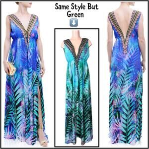 SHAHIDA PARIDES QUEEN PALM PRINT AQUA GREEN MAXI DRESS SZ M/L $419